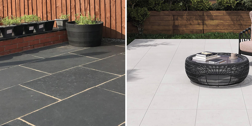 (Left) Black patio paving slabs, (Right) Light grey patio paving slabs